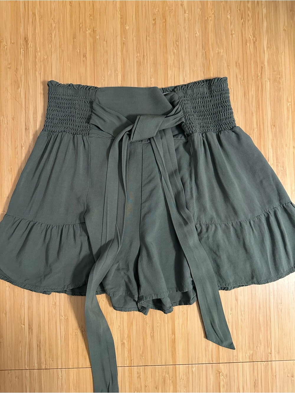 High-Waist Smocked Tie-Waist Flirty Shorts in Olive Green